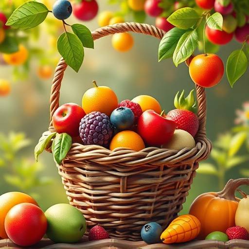 フルーツキャッチのゲーム画面。バスケットでフルーツをキャッチしている様子