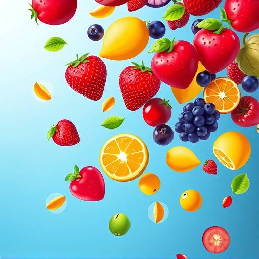 フルーツキャッチゲームのメイン画面。様々なフルーツが落ちてくる様子